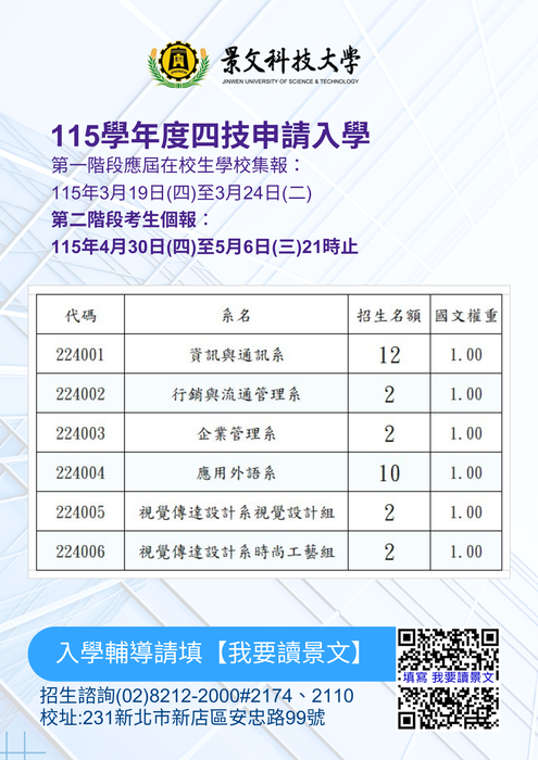 115學年度四技申請入學招生名額及簡章資料圖片